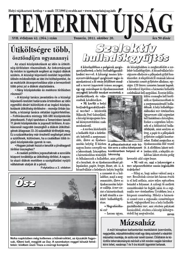 Temerini Újság, 17. évf. 2011. október 20. 42. sz.