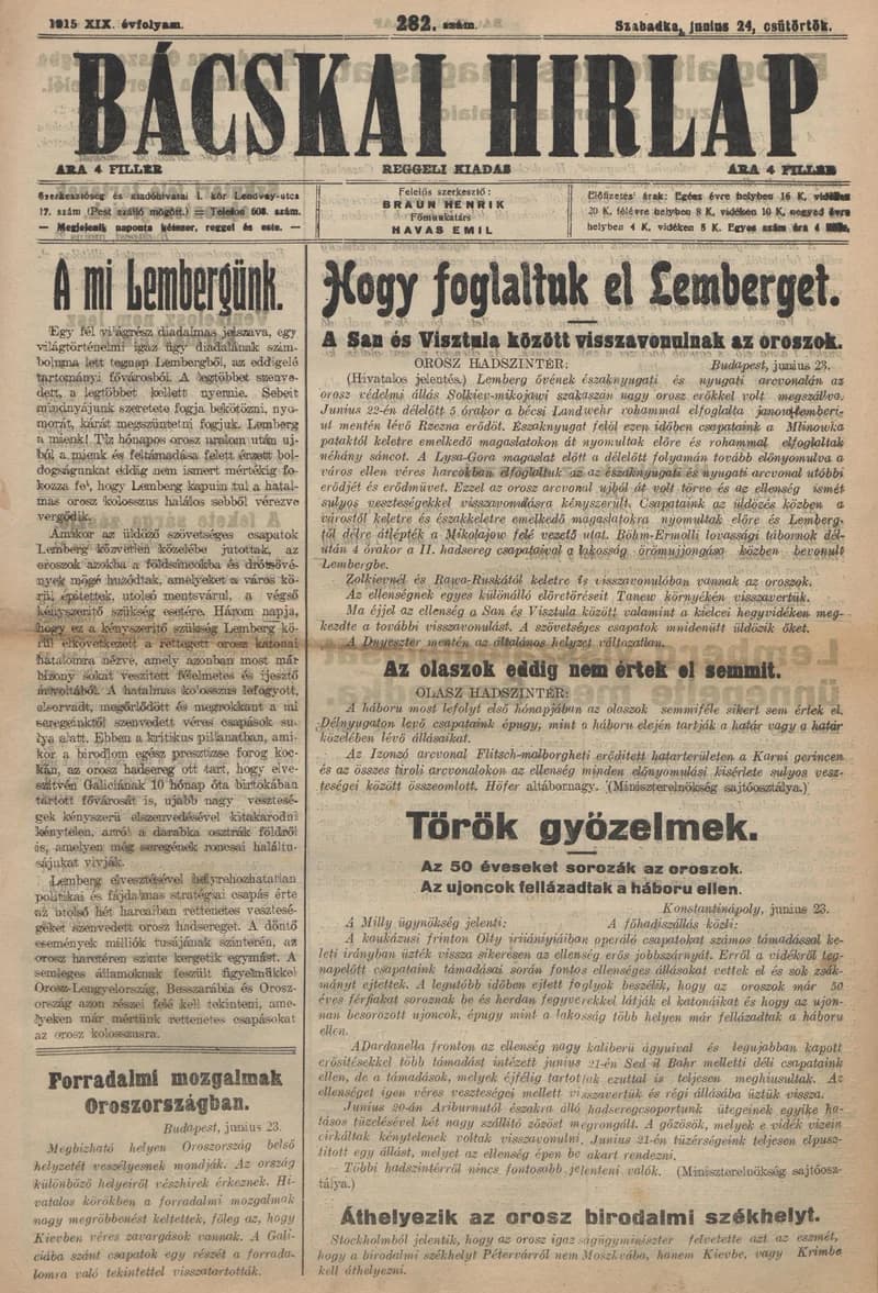Bácskai Hirlap, 19. évf. 1915. június 24. 282. sz.