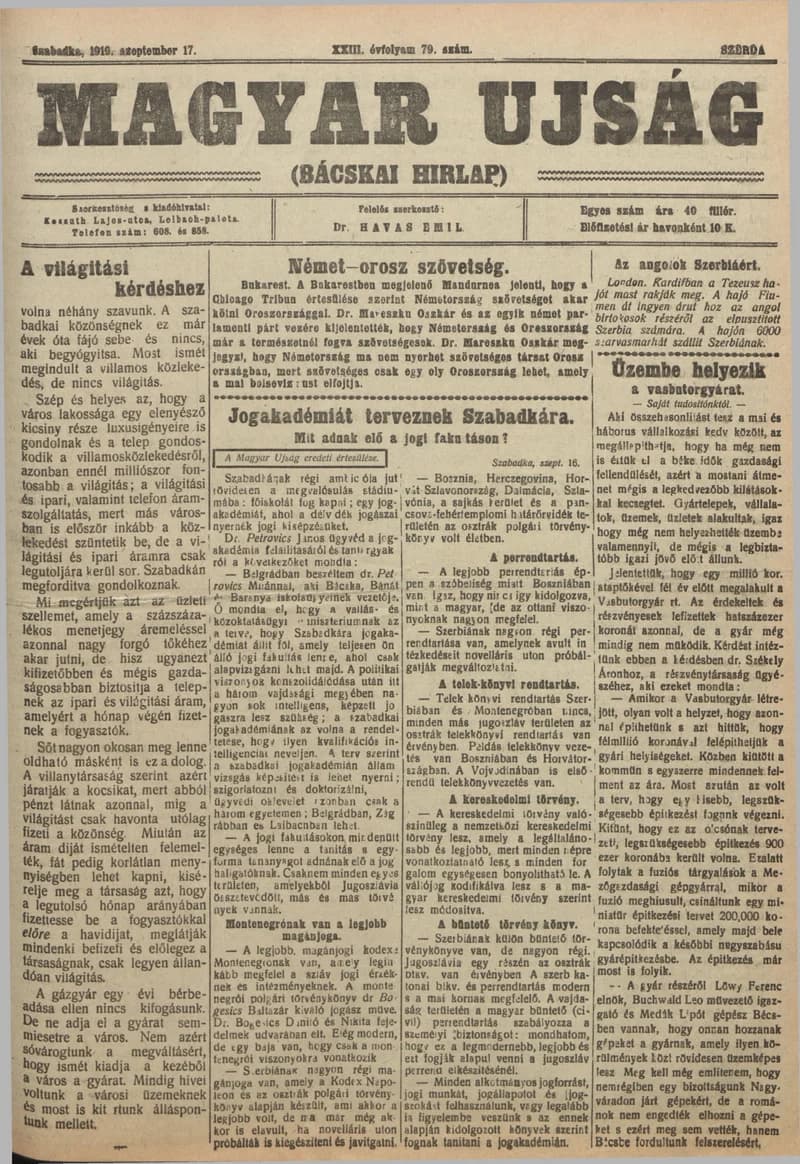 Bácskai Hirlap, 23. évf. 1919. szeptember 17. 79. sz.