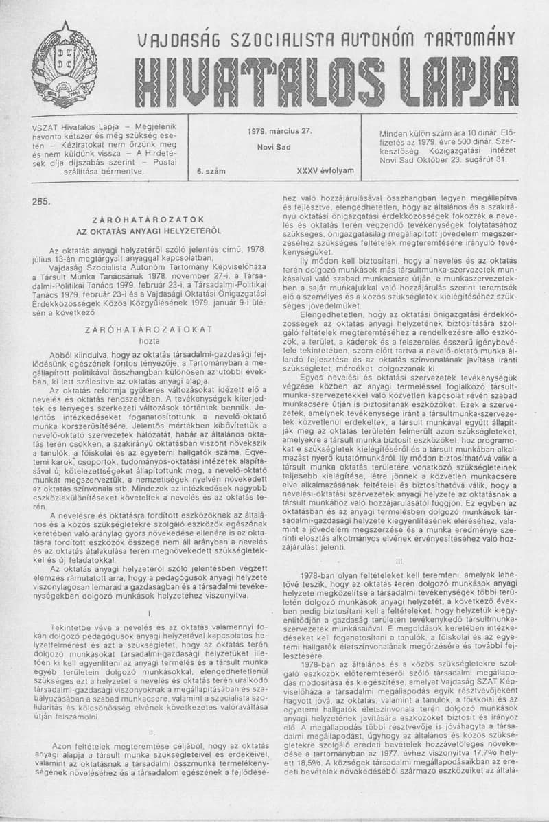 Vajdaság Szocialista Autonóm Tartomány Hivatalos Lapja, 35. évf. 1979. március 27. 6. sz. 369–404. oldal
