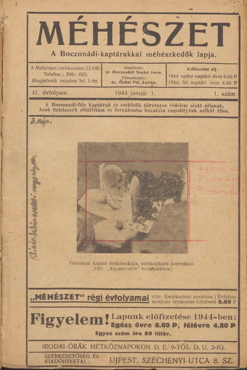 Méhészet, 41. évf. 1944. január 1. 1. sz.