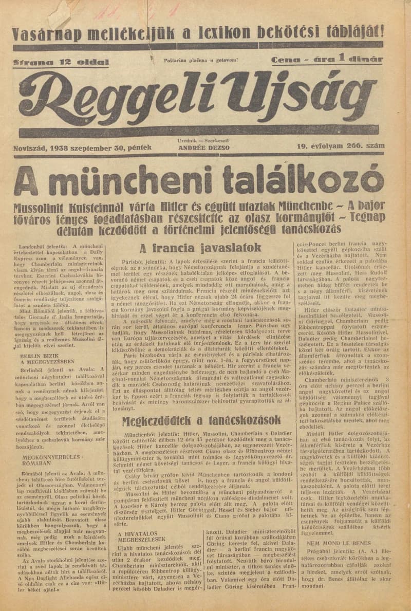 Reggeli Újság, 19. évf. 1938. szeptember 30. 266. sz.