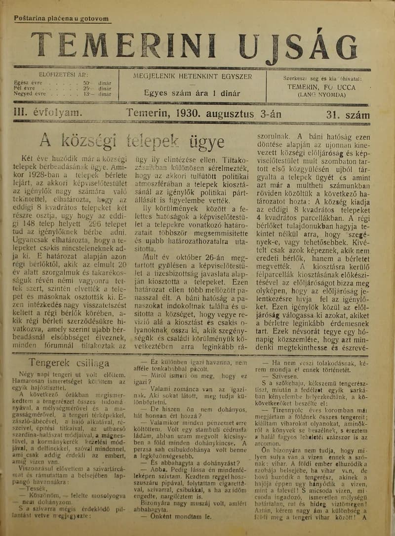 Temerini Újság 1928-1944, 3. évf. 1930. augusztus 3. 31. sz.