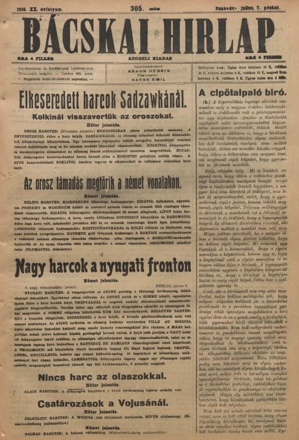 Bácskai Hirlap, 20. évf. 1916. július 7. 305. sz.