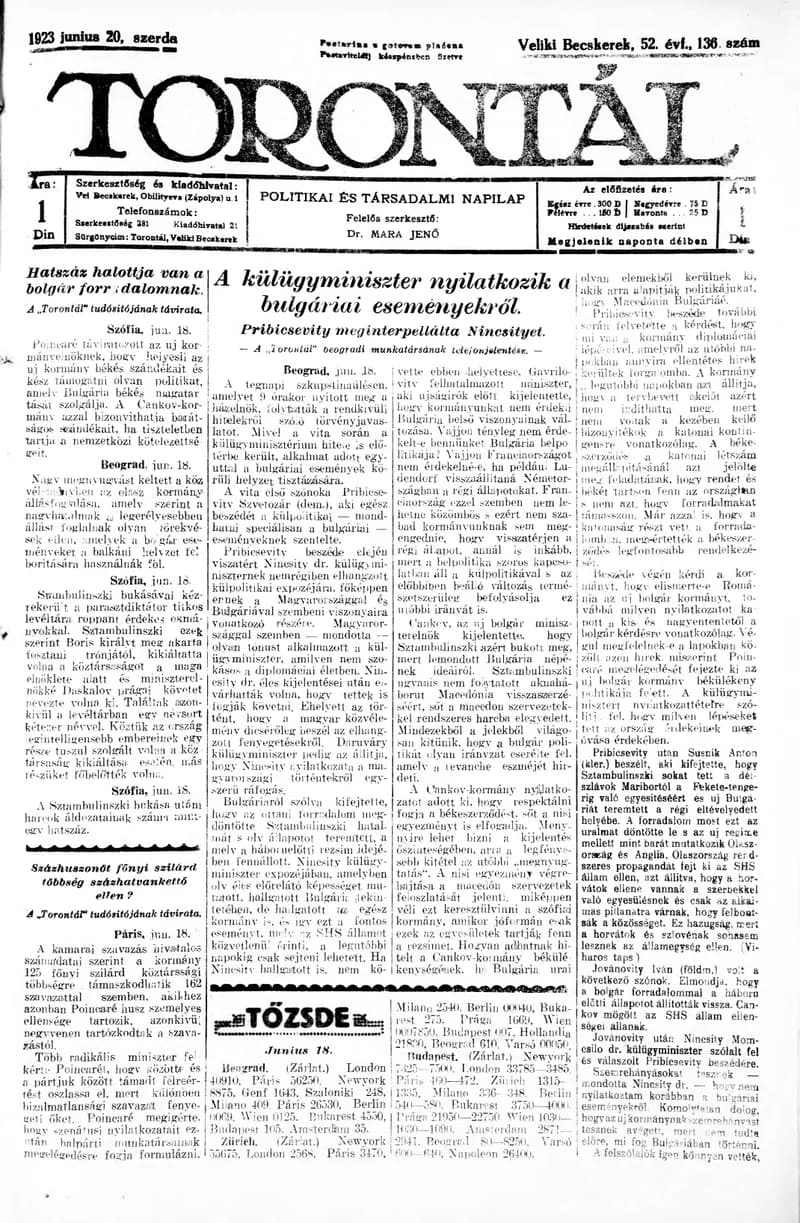 Torontál, 52. évf. 1923. június 20. 136. sz.