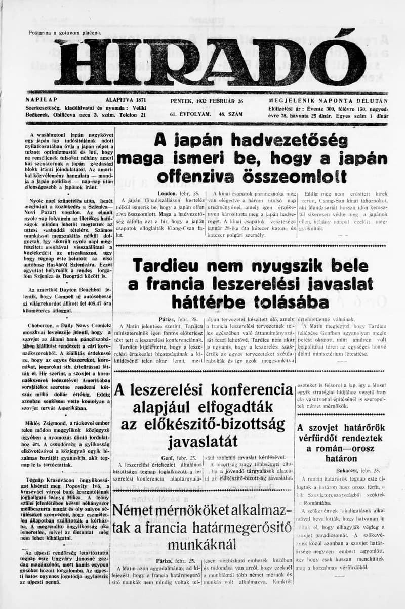 Híradó, 61. évf. 1932. február 26. 46. sz.