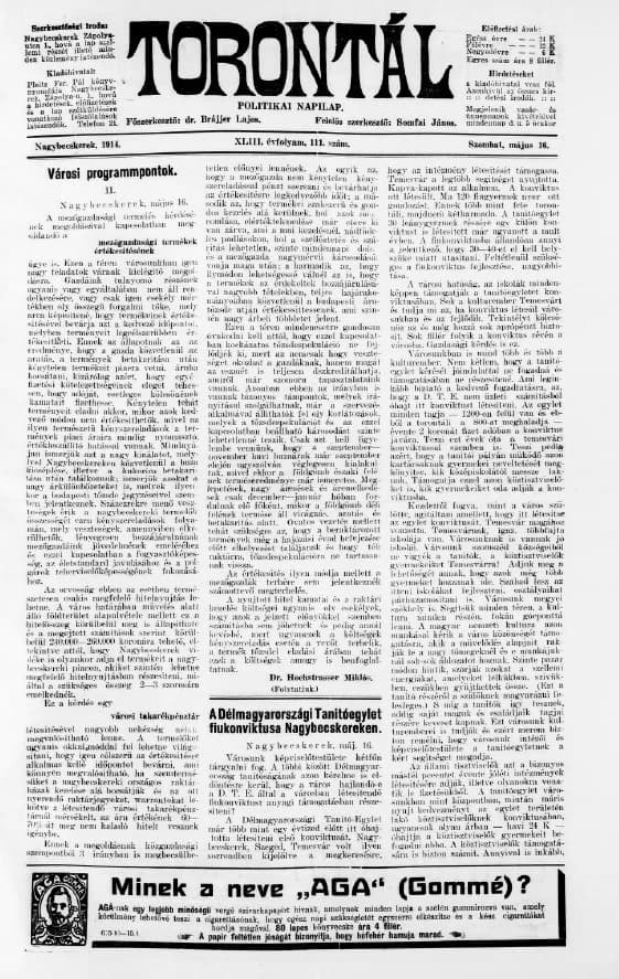Torontál, 43. évf. 1914. május 16. 111. sz.