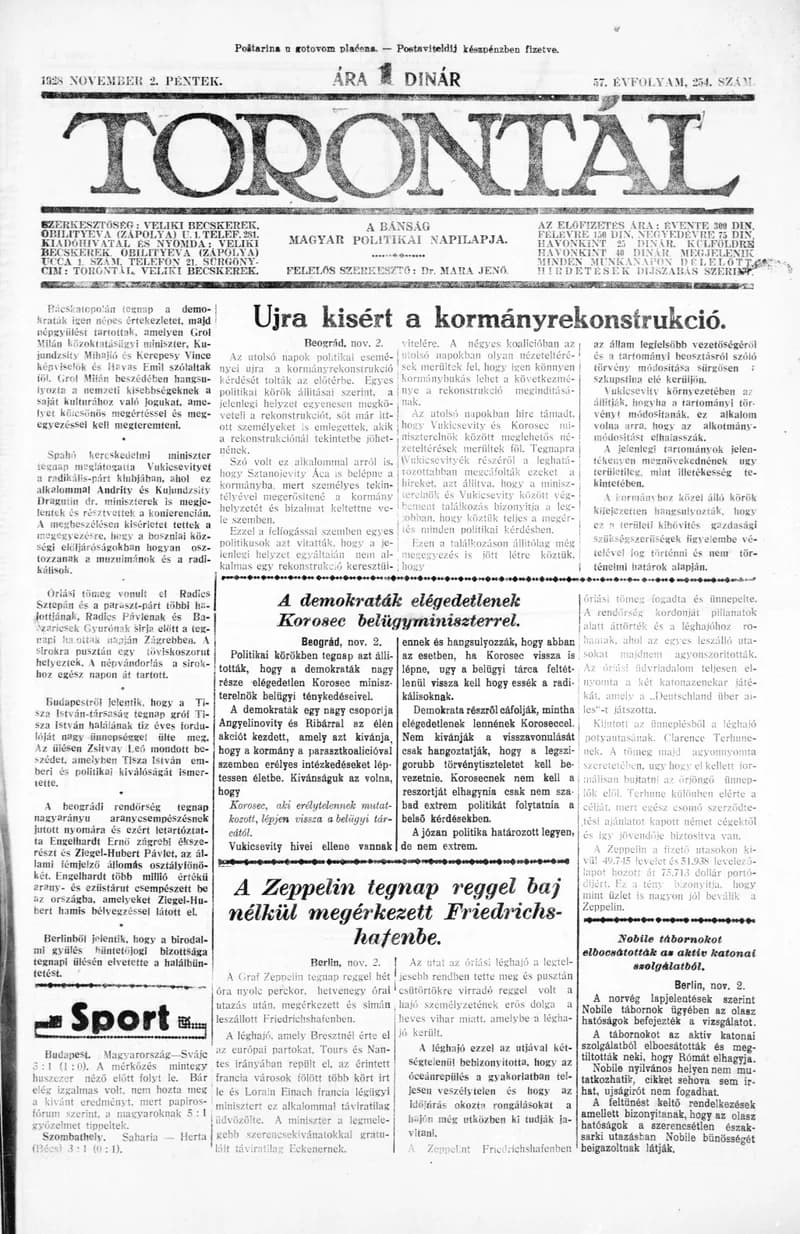 Torontál, 57. évf. 1928. november 2. 254. sz.