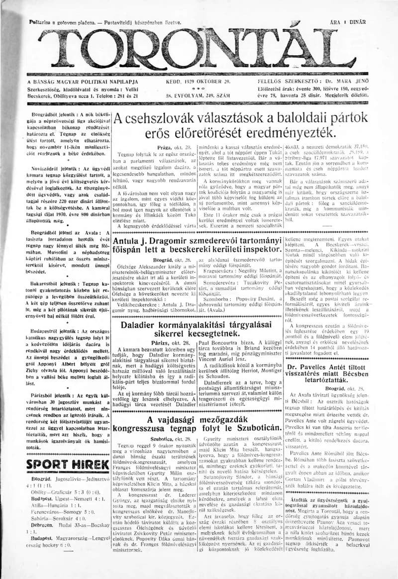 Torontál, 58. évf. 1929. október 29. 249. sz.