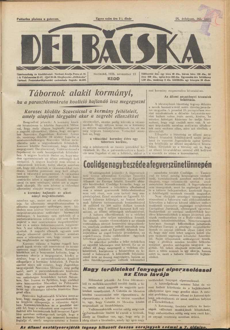 Délbácska, 9. évf. 1928. november 13. 265. sz.