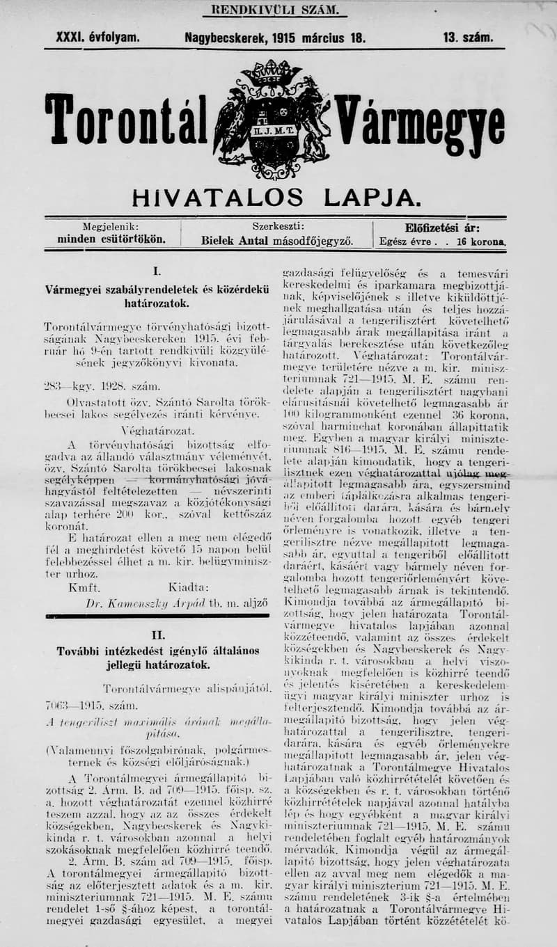 Torontál Vármegye Hivatalos Lapja, 31. évf. 1915. március 18. 13. sz.