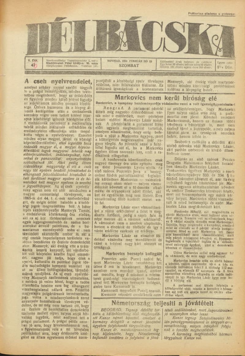 Délbácska, 5. évf. 1924. február 23. 46. sz.