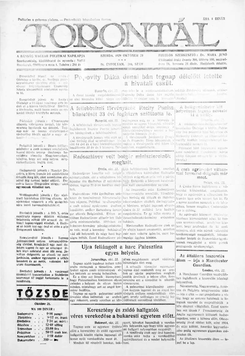 Torontál, 58. évf. 1929. október 23. 244. sz.