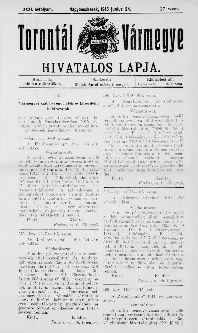 Torontál Vármegye Hivatalos Lapja, 31. évf. 1915. június 24. 27. sz.