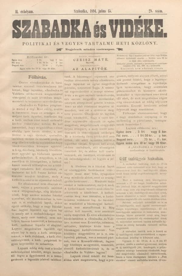 Szabadka és vidéke II, 2. évf. 1894. július 15. 28. sz.