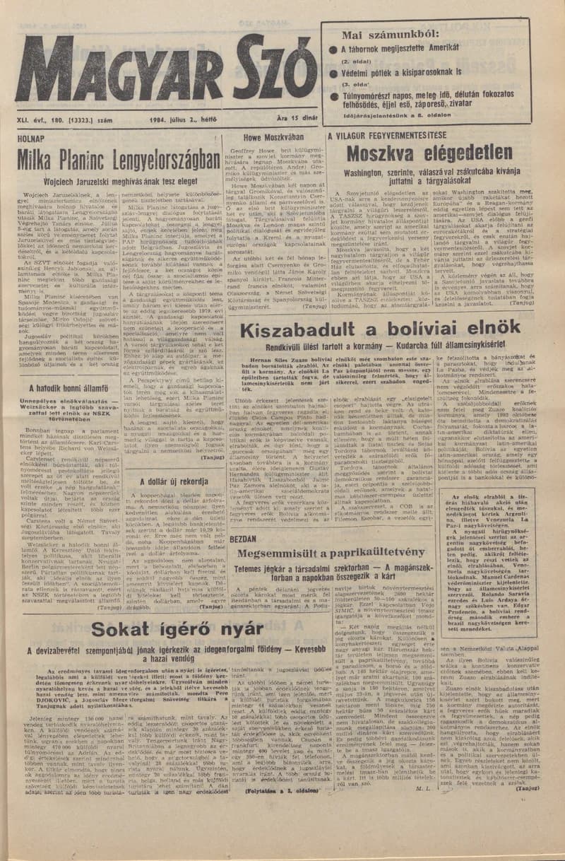 Magyar Szó, 41. évf. 1984. július 2. 180. sz. 1–8. oldal