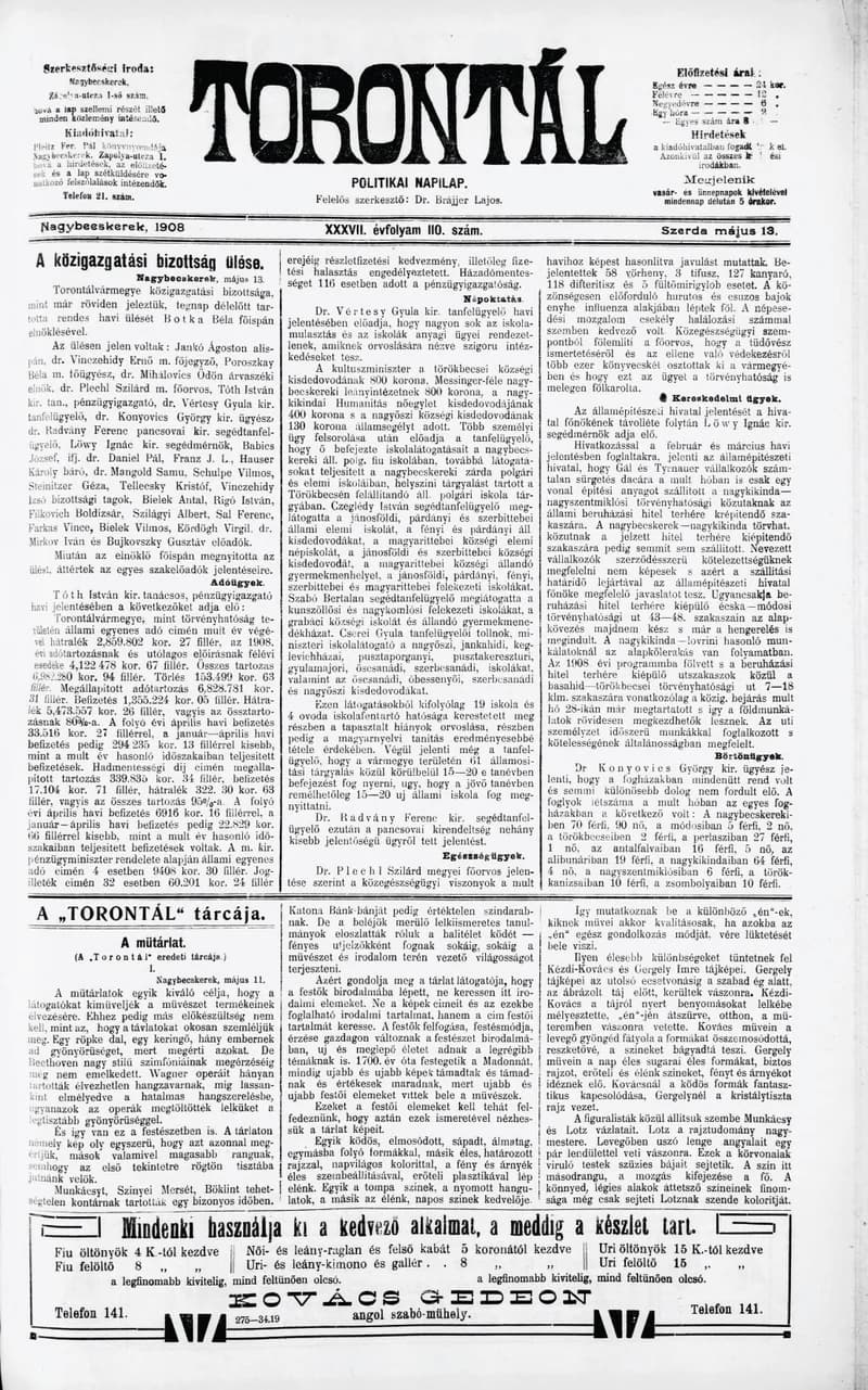 Torontál, 37. évf. 1908. május 13. 110. sz.