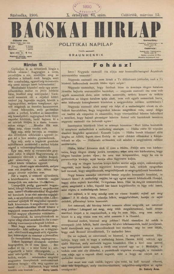 Bácskai Hirlap, 10. évf. 1906. március 15. 61. sz.