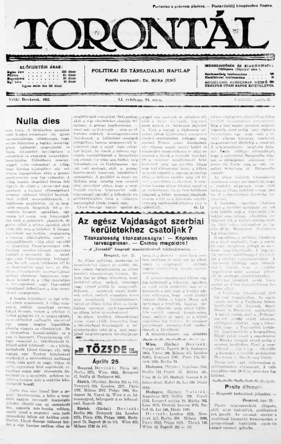 Torontál, 51. évf. 1922. április 27. 94. sz.