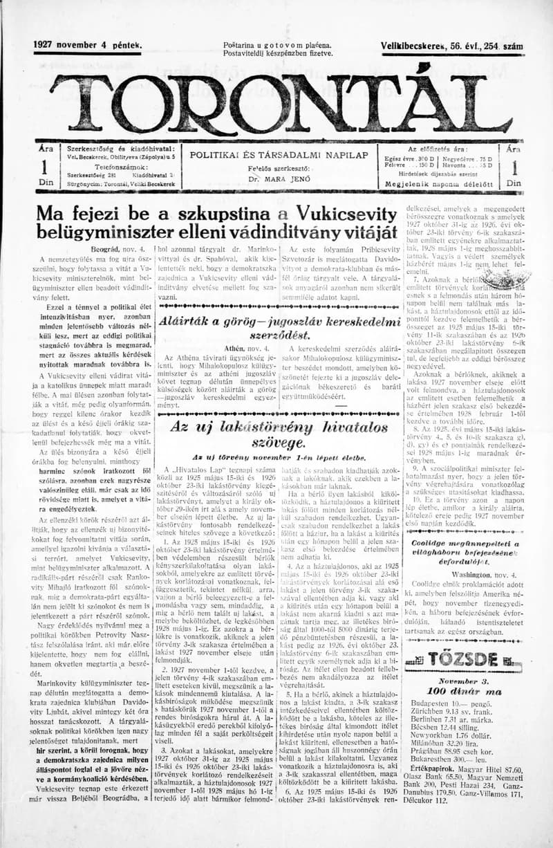 Torontál, 56. évf. 1927. november 4. 254. sz.