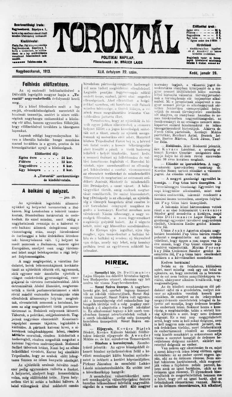 Torontál, 42. évf. 1913. január 28. 22. sz.