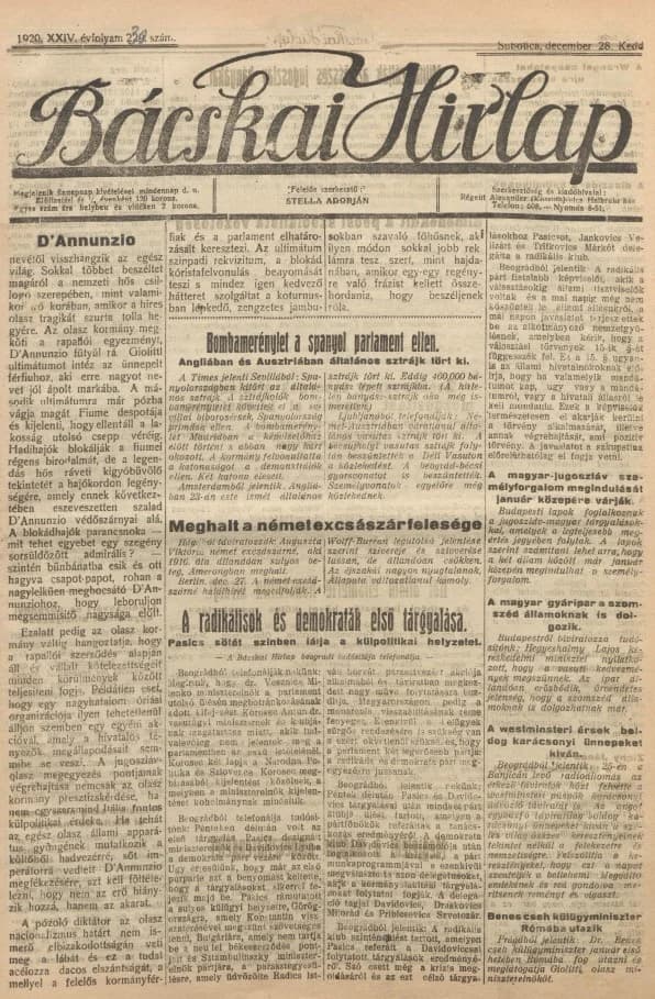 Bácskai Hirlap, 24. évf. 1920. december 28. 230. sz.