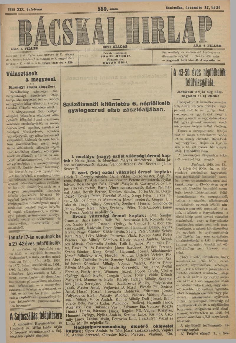 Bácskai Hirlap, 19. évf. 1915. december 27. 589. sz.