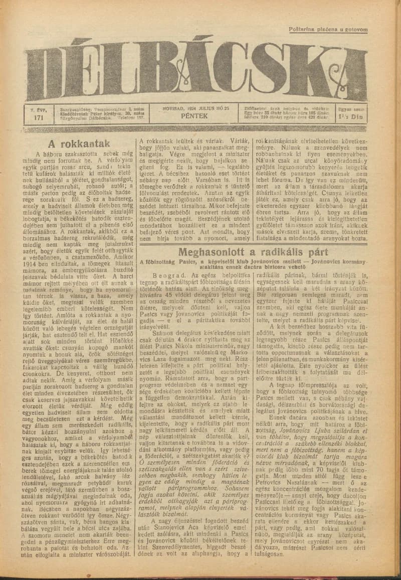 Délbácska, 5. évf. 1924. július 25. 171. sz.