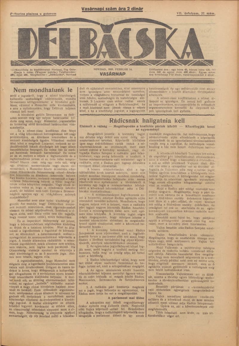 Délbácska, 7. évf. 1926. február 14. 37. sz.