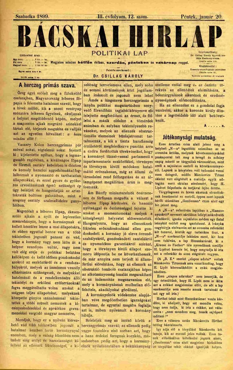 Bácskai Hirlap, 3. évf. 1899. január 20. 12. sz.