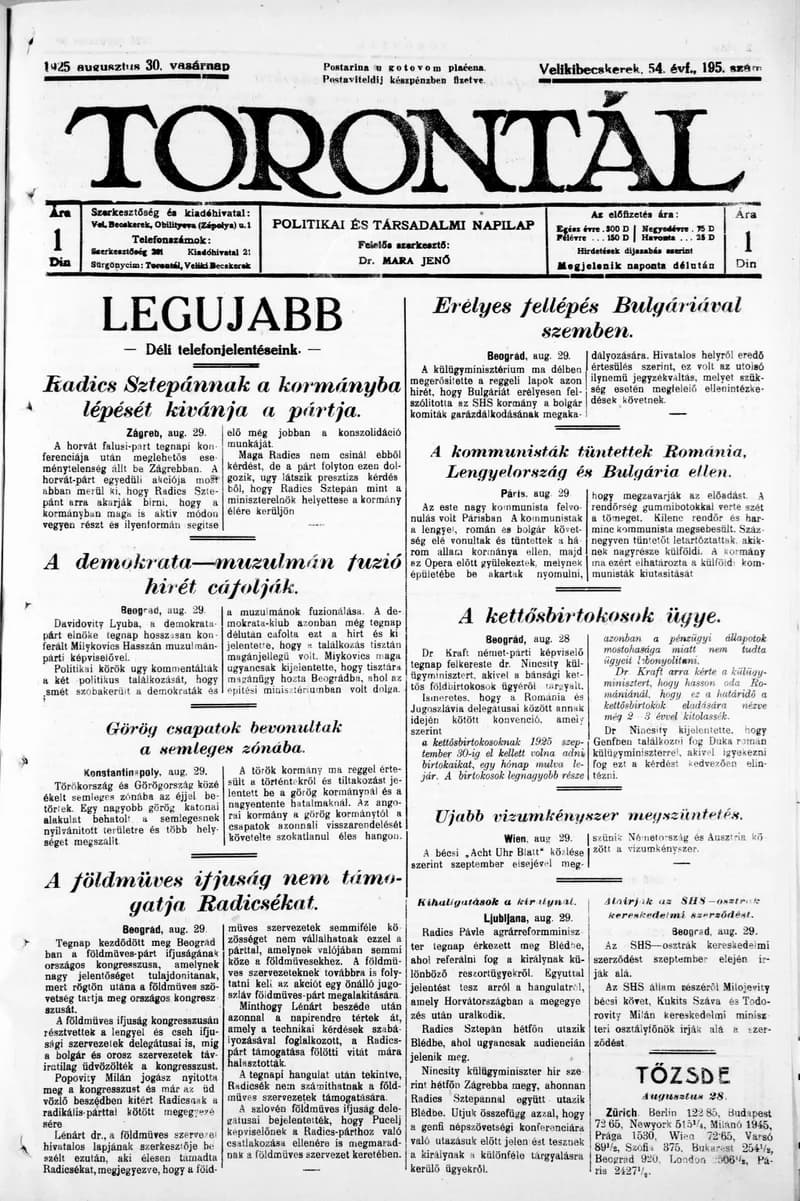 Torontál, 54. évf. 1925. augusztus 30. 195. sz.