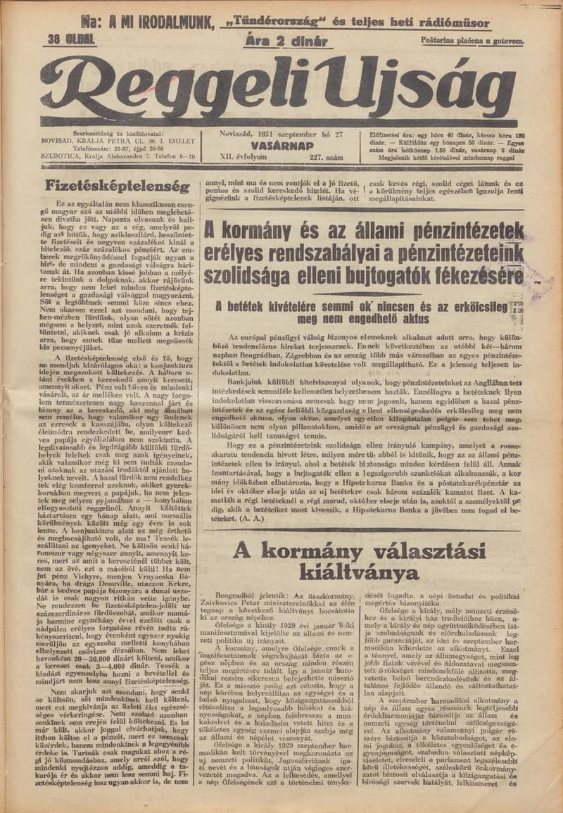 Reggeli Újság, 12. évf. 1931. szeptember 27. 227. sz.