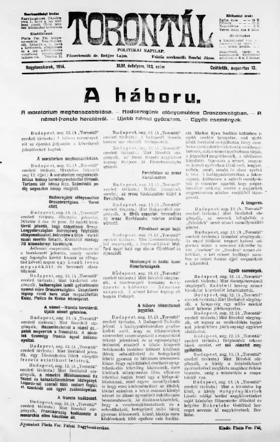Torontál, 43. évf. 1914. augusztus 13. 183. sz.