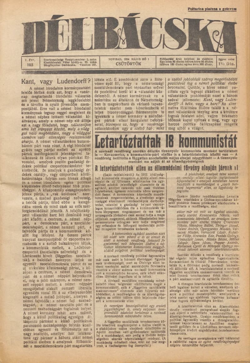 Délbácska, 5. évf. 1924. május 1. 103. sz.