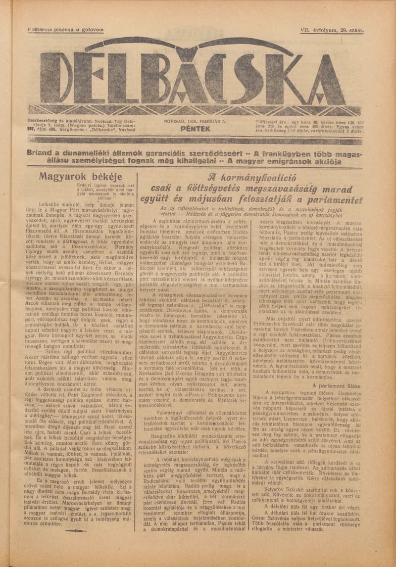 Délbácska, 7. évf. 1926. február 5. 29. sz.