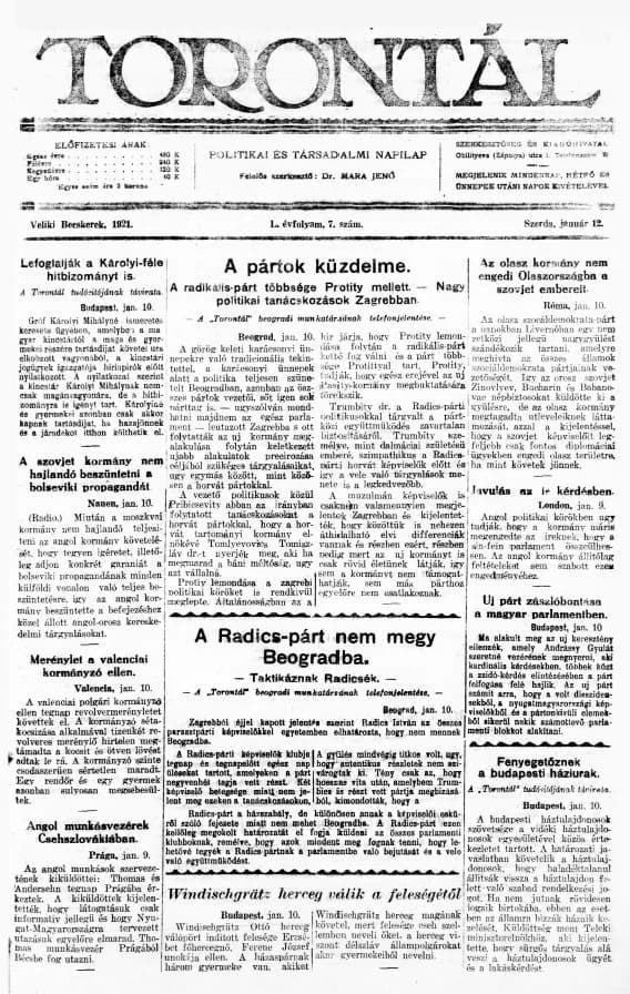 Torontál, 50. évf. 1921. január 12. 7. sz.