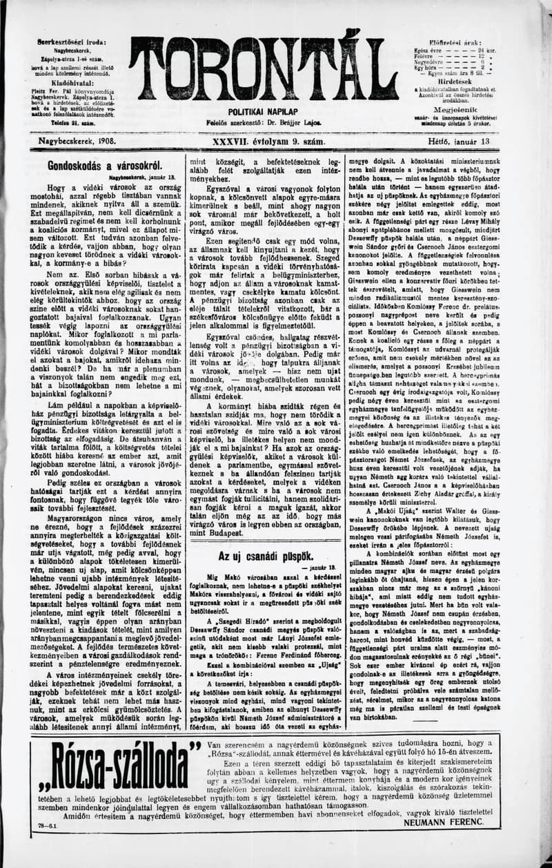 Torontál, 37. évf. 1908. január 13. 9. sz.