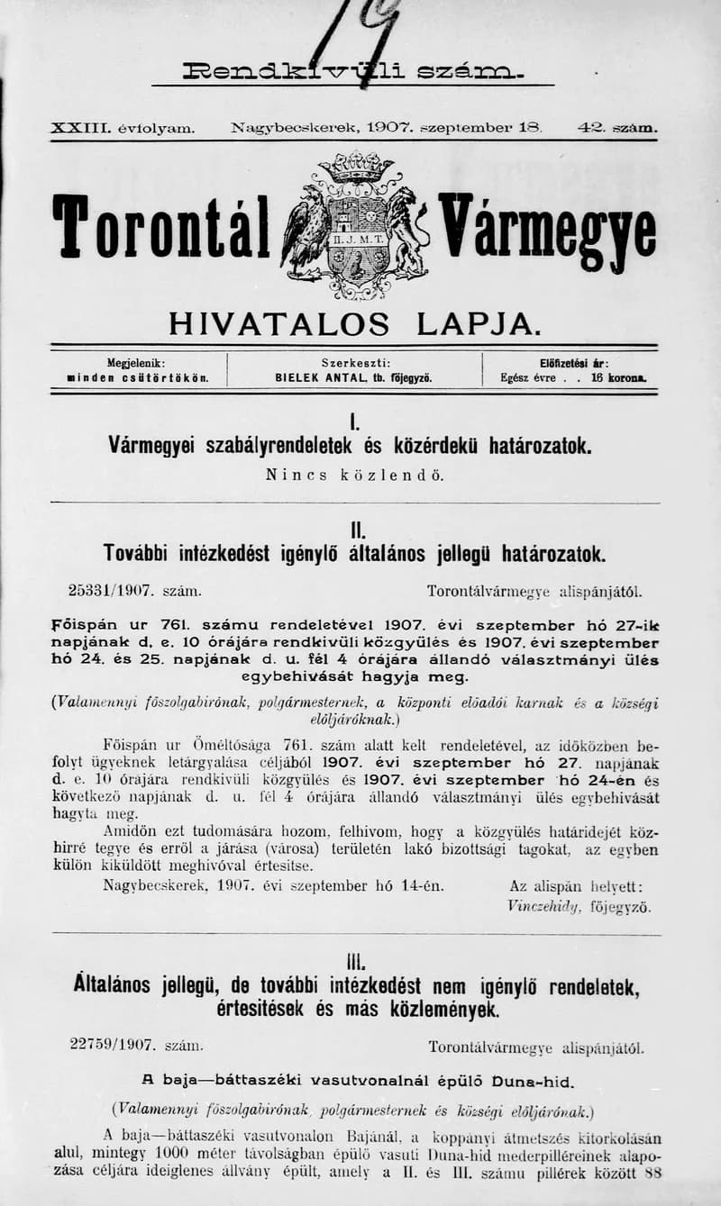 Torontál Vármegye Hivatalos Lapja, 23. évf. 1907. szeptember 18. 42. sz.