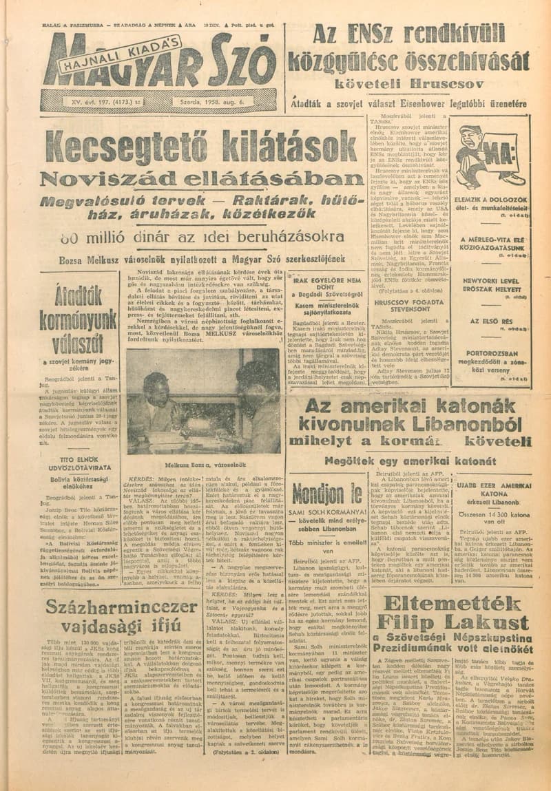 Magyar Szó, 15. évf. 1958. augusztus 6. 197. sz.