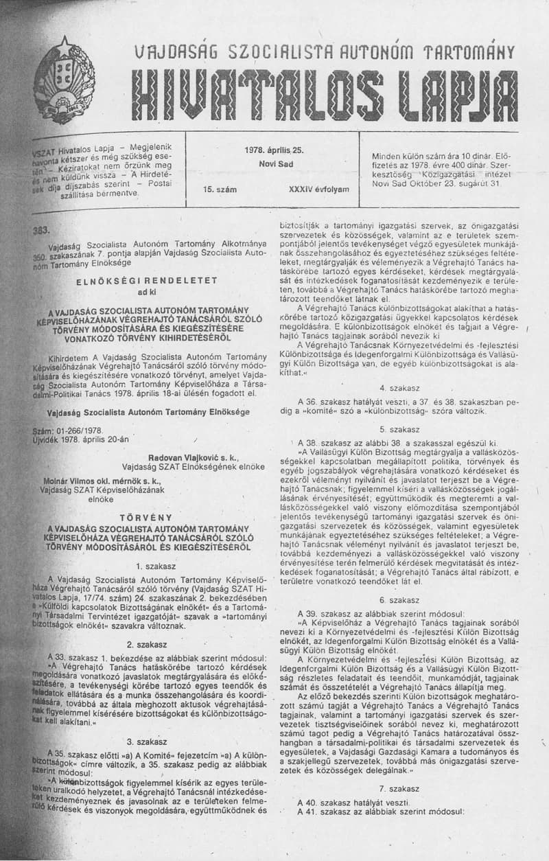 Vajdaság Szocialista Autonóm Tartomány Hivatalos Lapja, 34. évf. 1978. április 25. 15. sz. 577–600. oldal