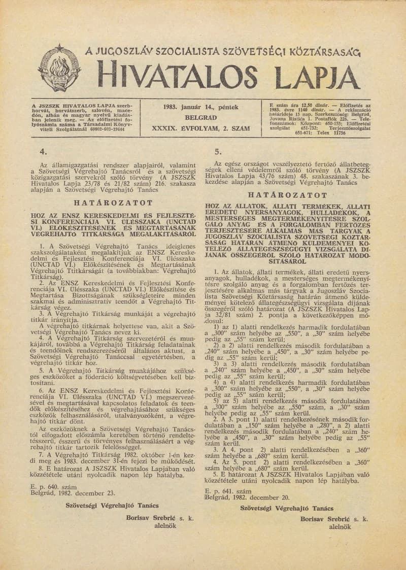 A Jugoszláv Szocialista Szövetségi Köztársaság Hivatalos Lapja, 39. évf. 1983. január 14. 2. sz. 9–28. oldal