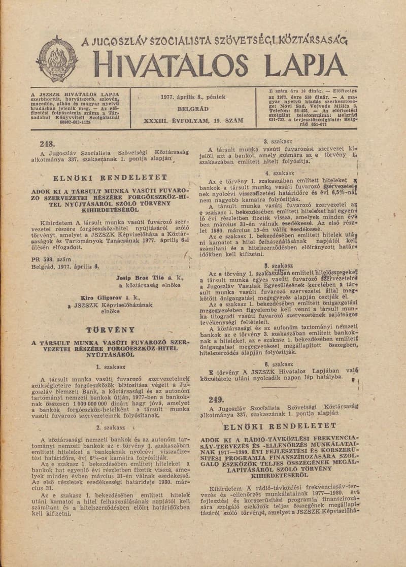 A Jugoszláv Szocialista Szövetségi Köztársaság Hivatalos Lapja, 33. évf. 1977. április 8. 19. sz. 729–768. oldal