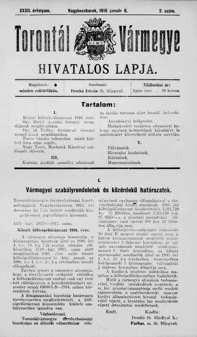 Torontál Vármegye Hivatalos Lapja, 32. évf. 1916. január 6. 2. sz.