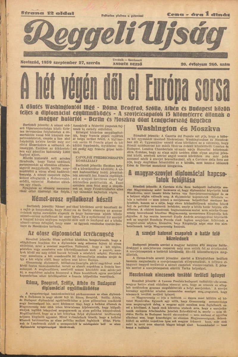 Reggeli Újság, 20. évf. 1939. szeptember 27. 266. sz.