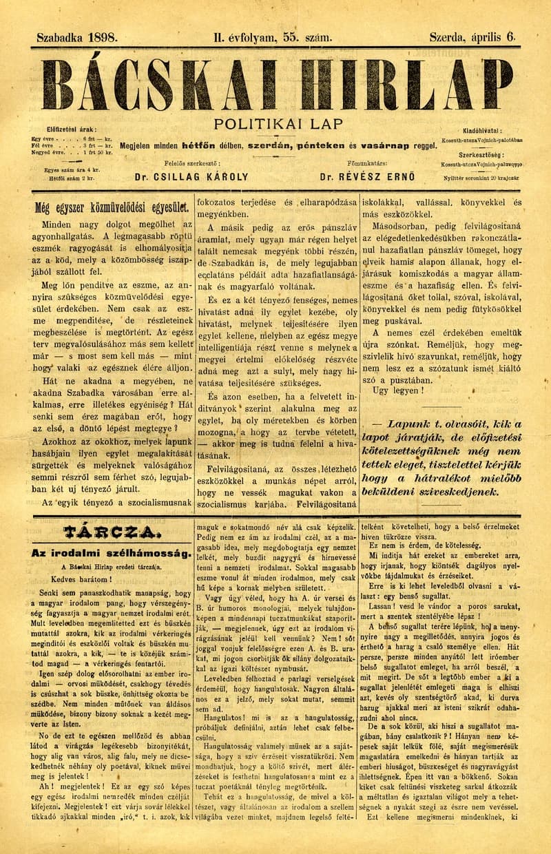 Bácskai Hirlap, 2. évf. 1898. április 6. 55. sz. 1–4. oldal