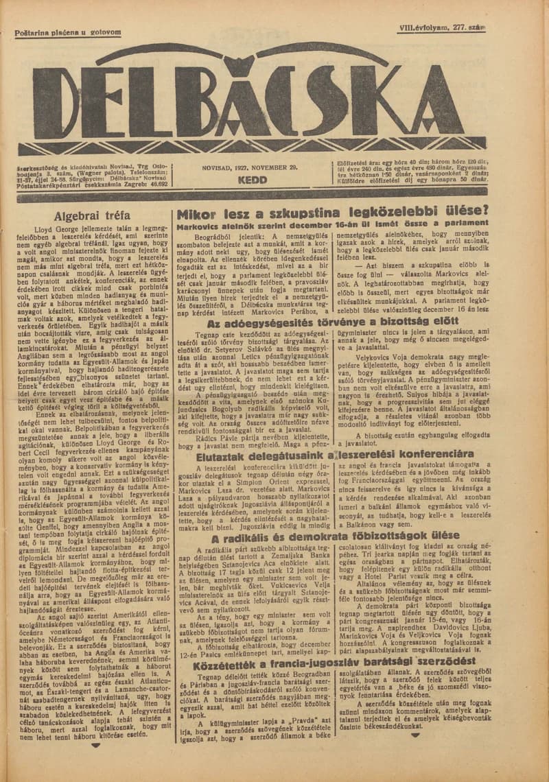 Délbácska, 8. évf. 1927. november 29. 277. sz.
