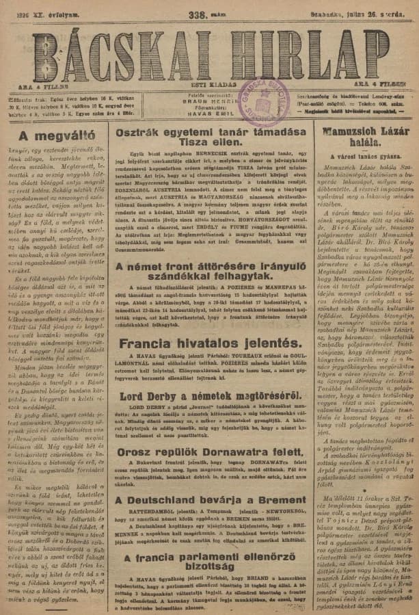 Bácskai Hirlap, 20. évf. 1916. július 26. 338. sz.