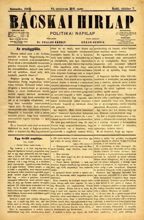 Bácskai Hirlap, 6. évf. 1902. október 7. 206. sz.