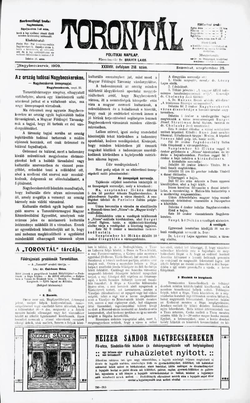 Torontál, 38. évf. 1909. szeptember 25. 218. sz.