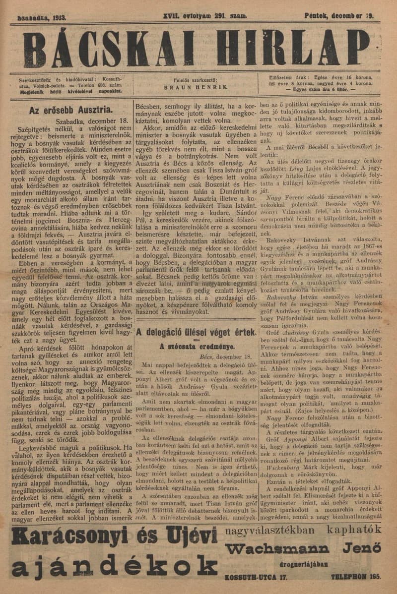 Bácskai Hirlap, 17. évf. 1913. december 19. 291. sz.